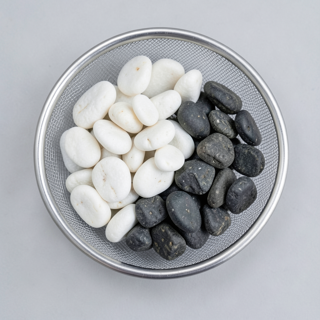 a fine mesh sieve separating smooth white river stones from rough dark pebbles overhead flat lay composition bright even lighting neutral gray background macro texture details high resolution cl