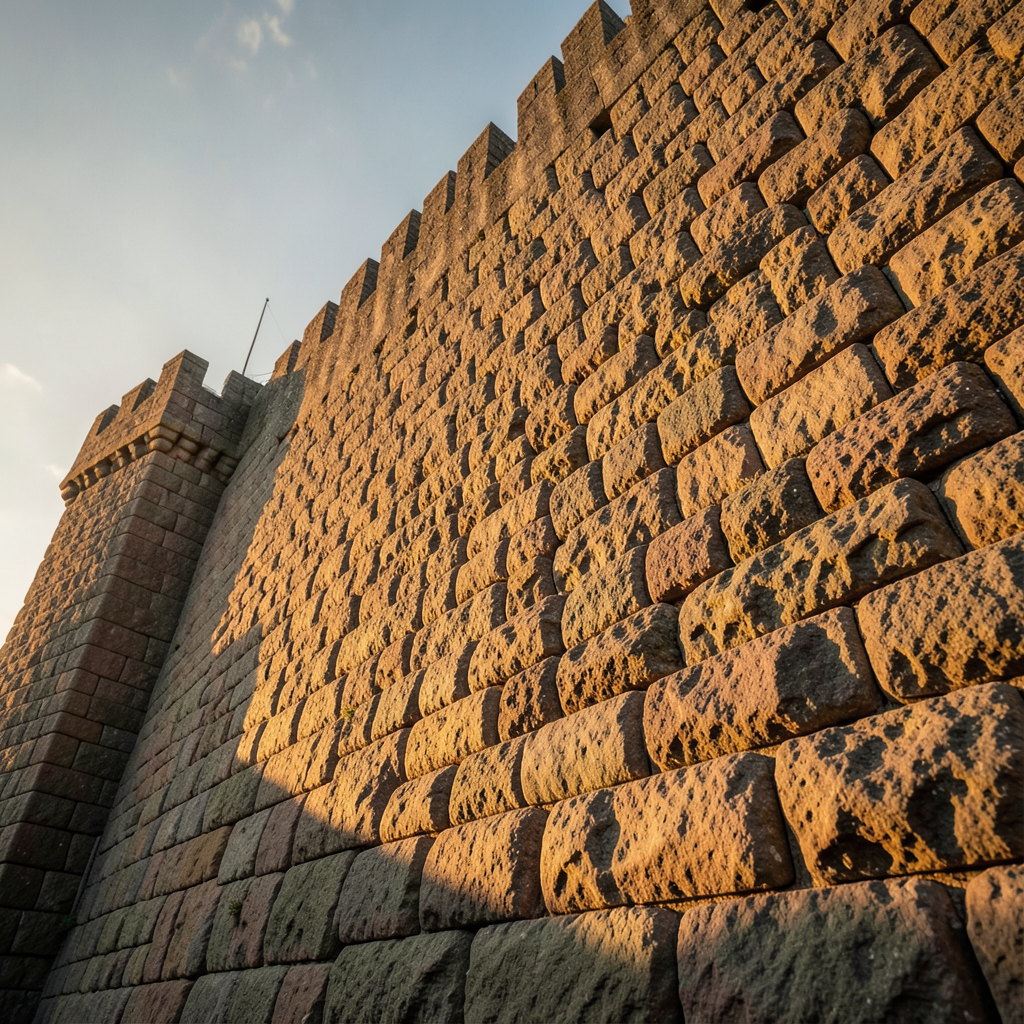 a fortress wall constructed from interlocking impenetrable stone blocks low angle shot looking up golden hour lighting casting long shadows majestic atmosphere textured stone details cinematic c