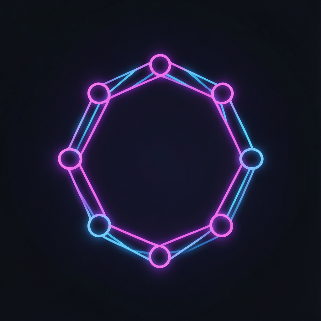 abstract representation of connected nodes forming a seamless loop glowing connection lines dark background minimalist tech illustration style neon purple and blue color palette clean vector aest