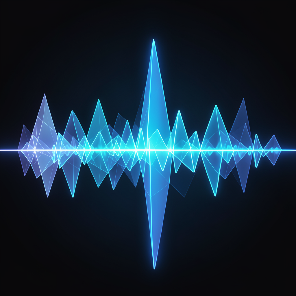 an audio waveform transforming into structured geometric shapes gradient transition from chaotic grey to ordered blue abstract digital composition high dynamic range lighting modern graphic design