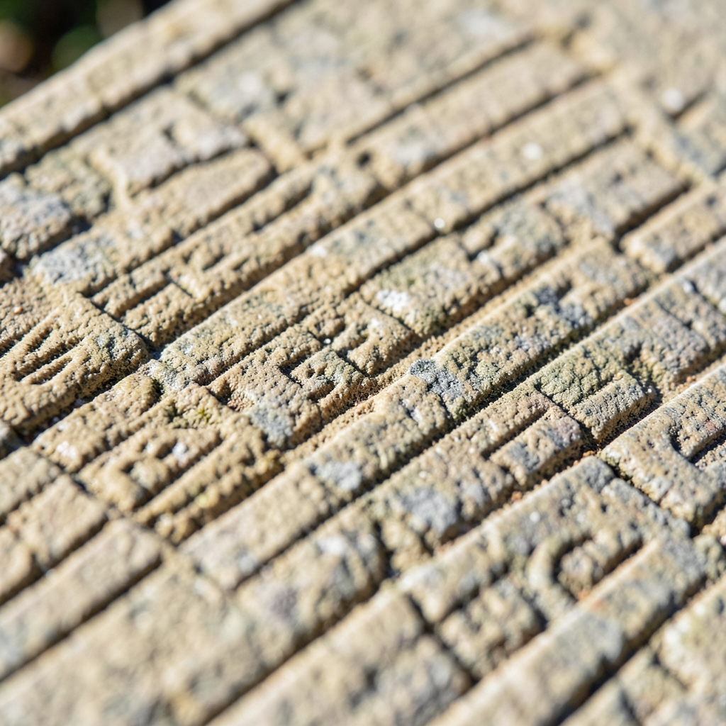 ancient stone tablet with deep carved grooves and weathered surface macro photography style extreme close-up of texture natural sunlight highlighting relief earthy beige and gray tones high resol
