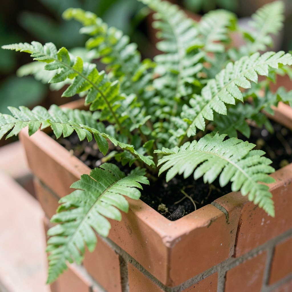 healthy green ferns growing in a structured geometric planter macro close-up soft natural light vibrant greens and terracotta botanical photography style detailed leaf texture