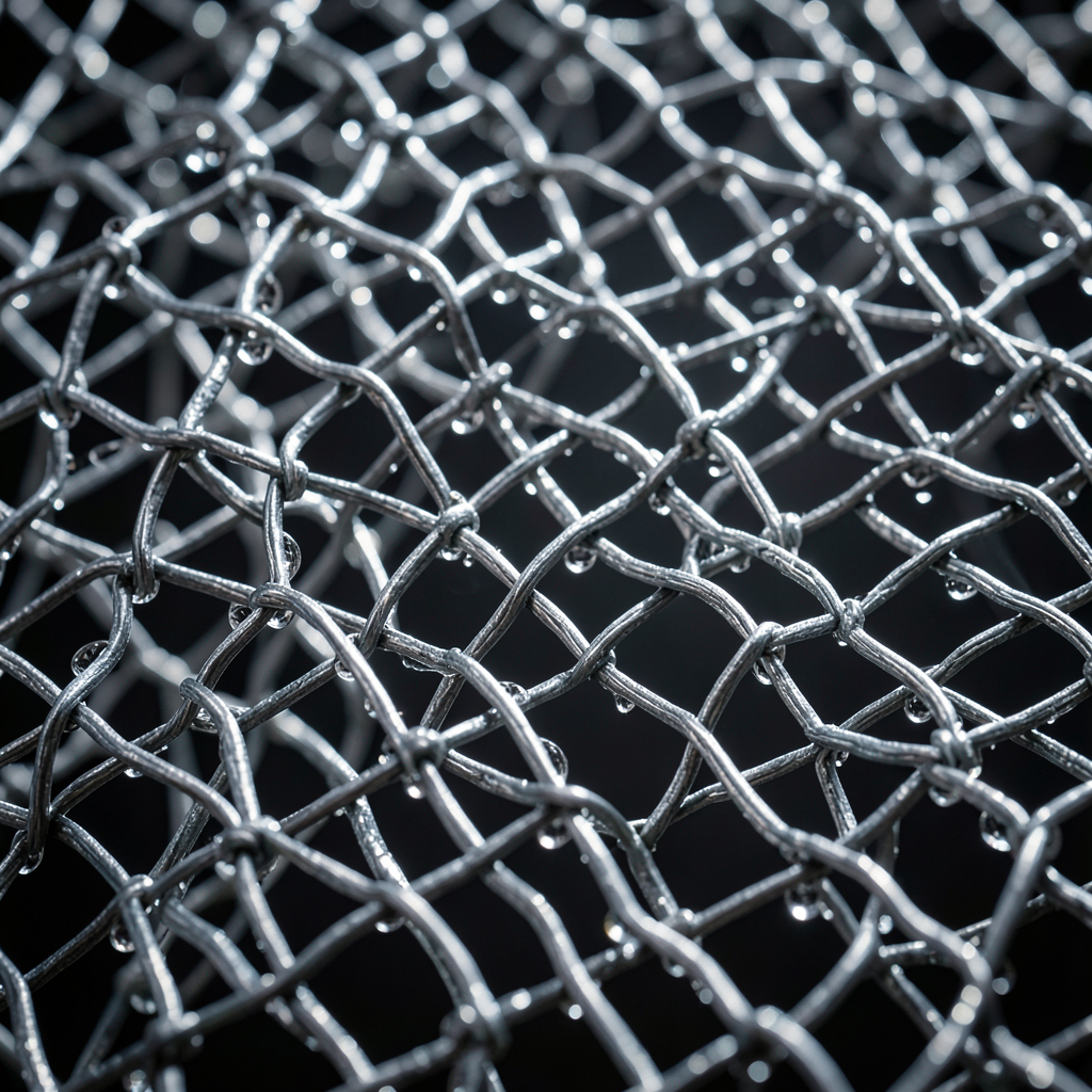 a intricate woven net of strong metallic fibers catching falling droplets of liquid close-up macro shot dramatic side lighting silver and dark grey palette high tension in the weave sharp focus