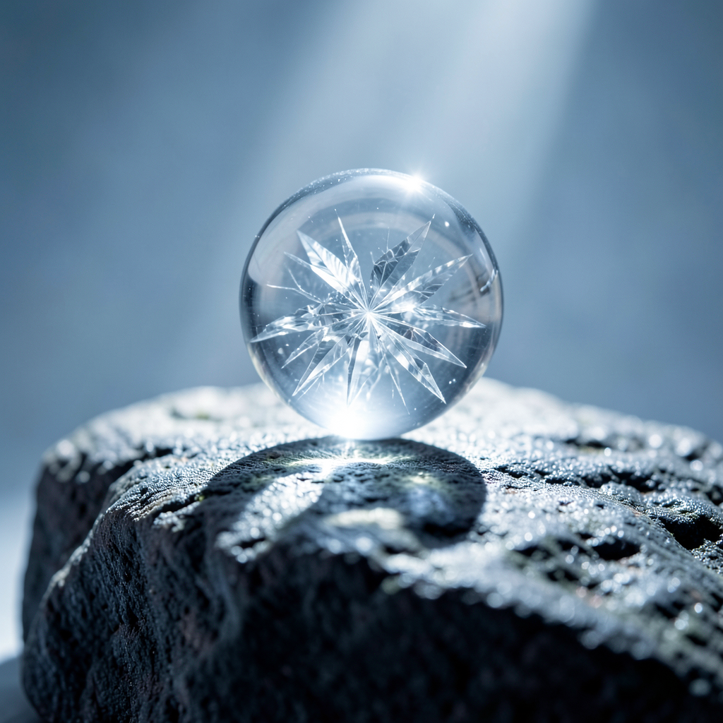 a pristine glass lens hovering over a rough unpolished stone focusing a beam of light that reveals intricate internal crystal structures macro photography soft diffused studio lighting cool blue