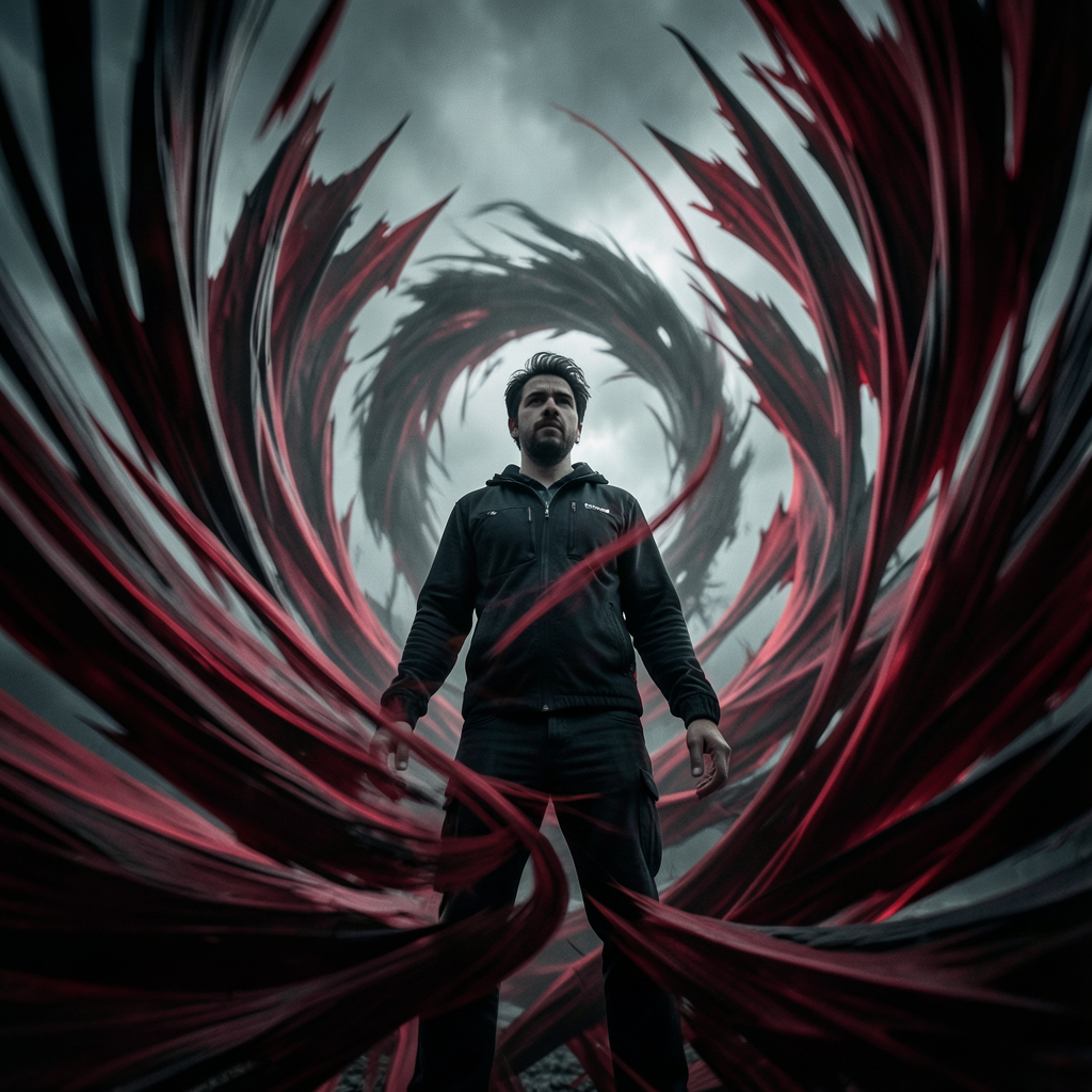 a researcher standing in a whirlwind of swirling jagged sound wave ribbons that obscure vision cinematic low-angle shot dramatic chiaroscuro lighting muted desaturated palette with sharp crimson a