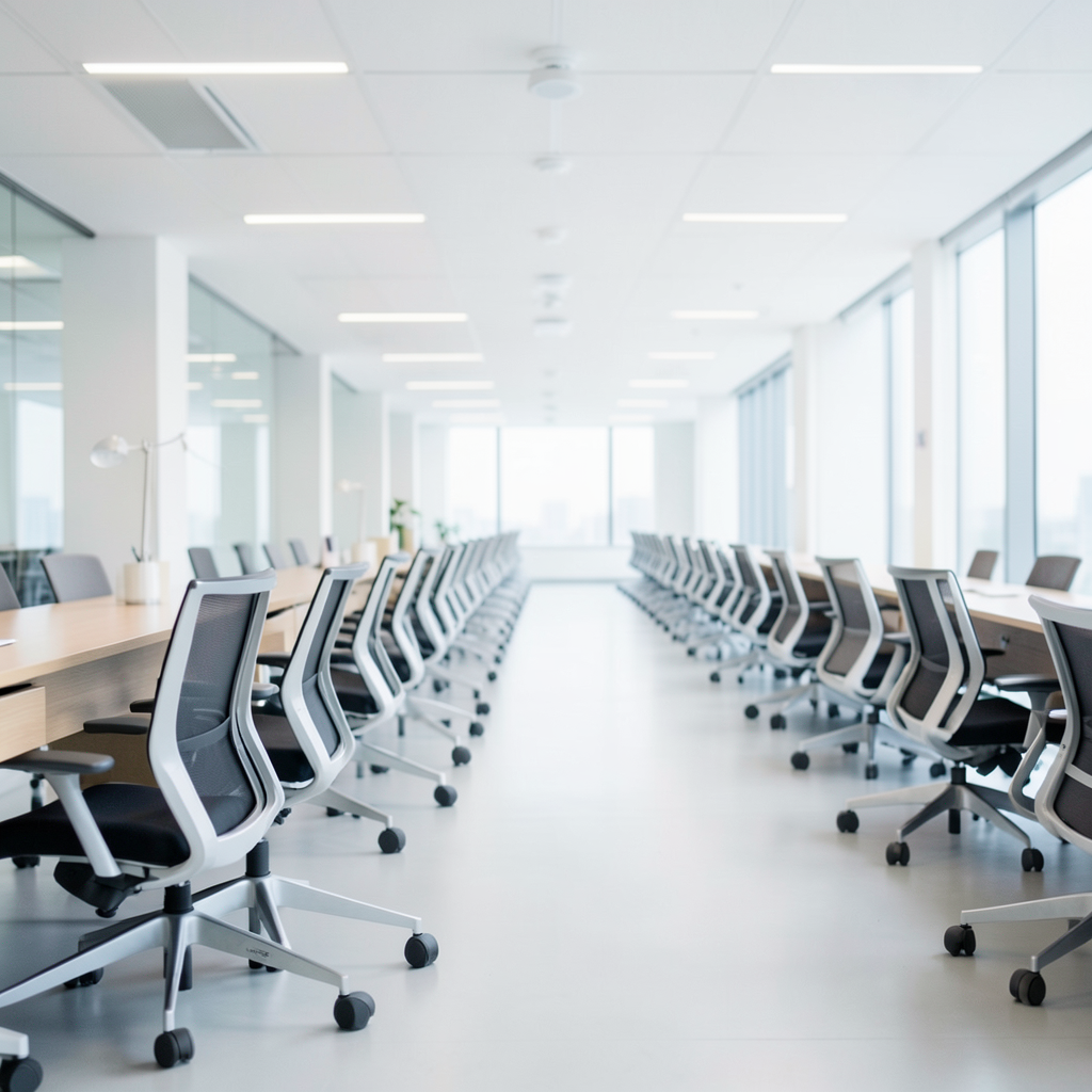 a row of identical sleek office chairs expanding into the distance becoming smaller and sharper implying scale perspective photography style one-point perspective composition bright airy office lig