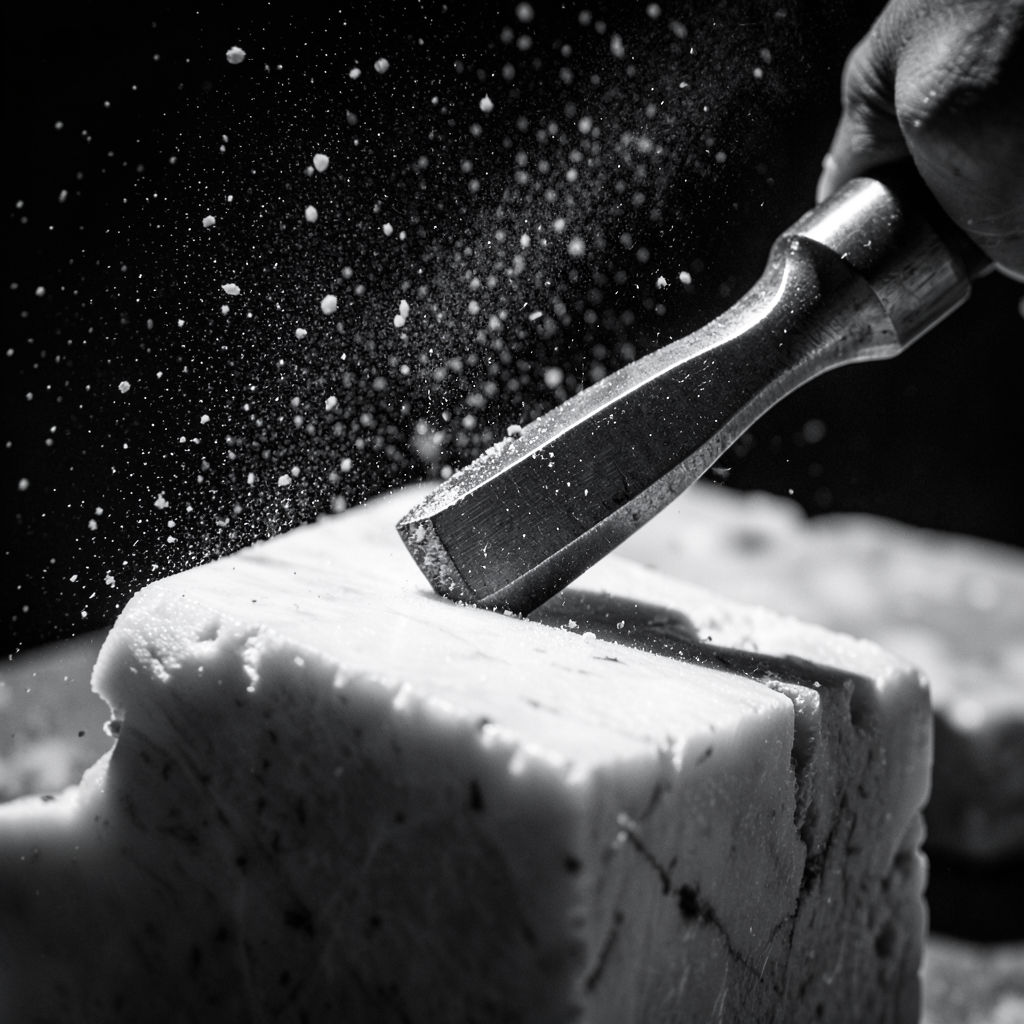 a sculptors chisel striking a rough block of marble dust particles frozen in mid-air macro close-up dramatic side lighting stark contrast between rough stone and smooth metal tool black and white