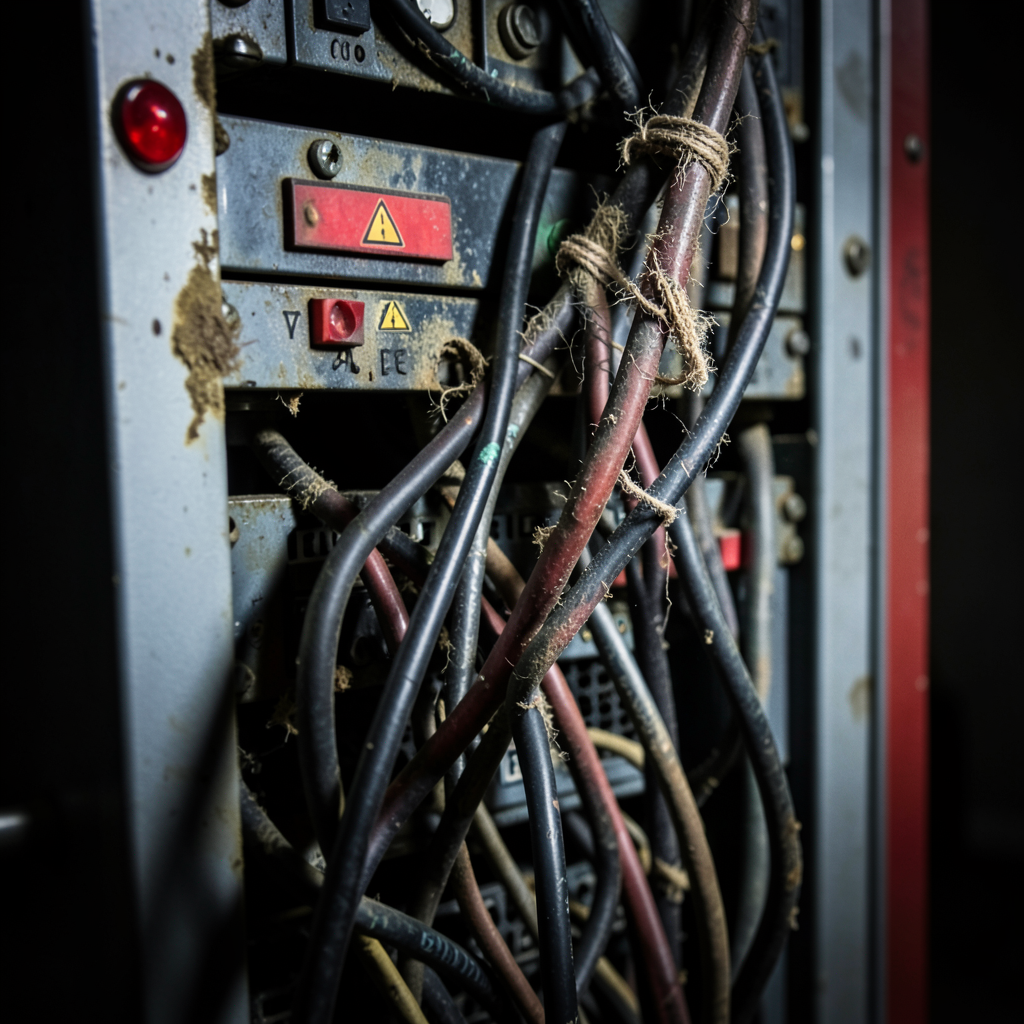 aged server rack with frayed cables and red warning indicators close-up macro photography industrial aesthetic harsh directional lighting muted metal tones with red accents sharp focus