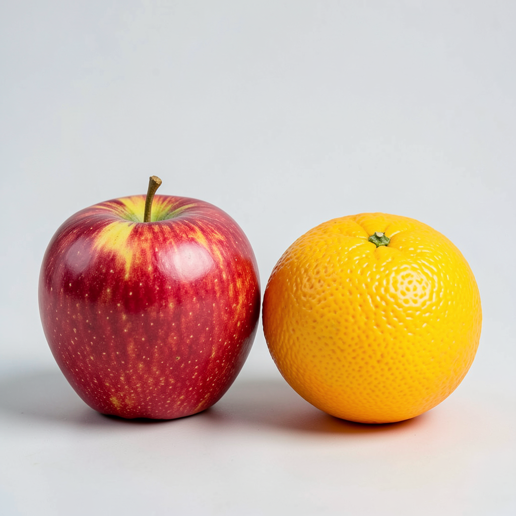 apple and orange placed side by side on a neutral surface studio lighting vibrant natural colors crisp details product photography style clean background