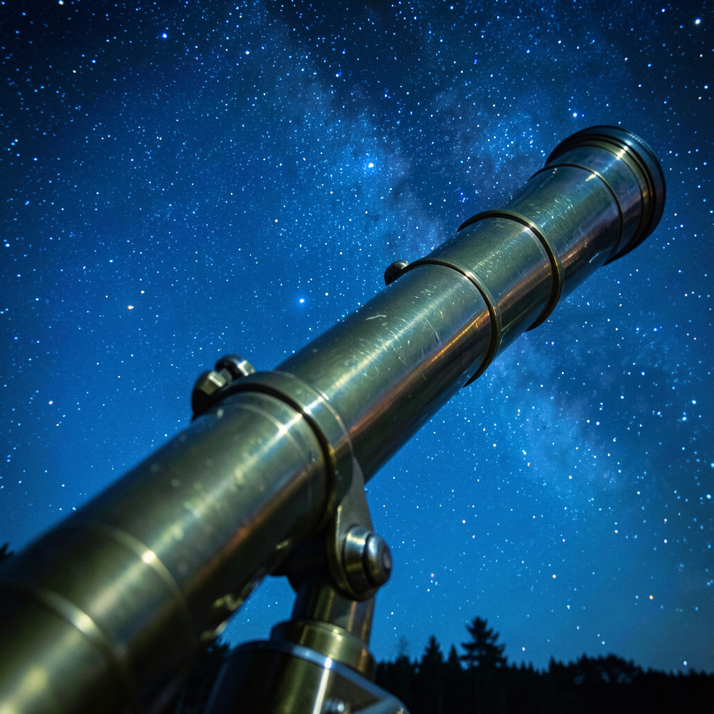 brass telescope pointing toward a clear starry sky cinematic low angle cool blue night lighting reflective lens surface sharp focus astronomy photography style
