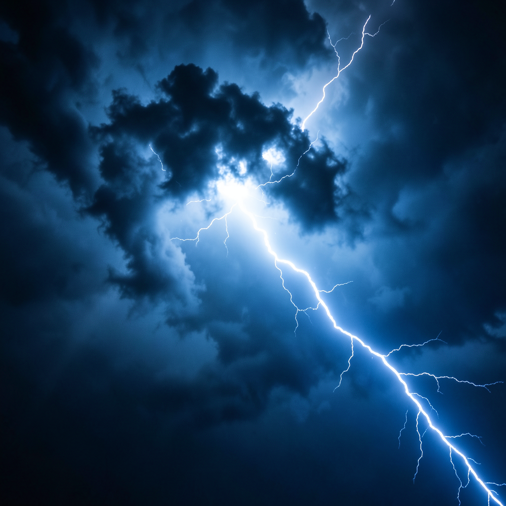 lightning strike illuminating a dark storm cloud high speed photography electric blue and white palette dynamic diagonal composition sharp focus