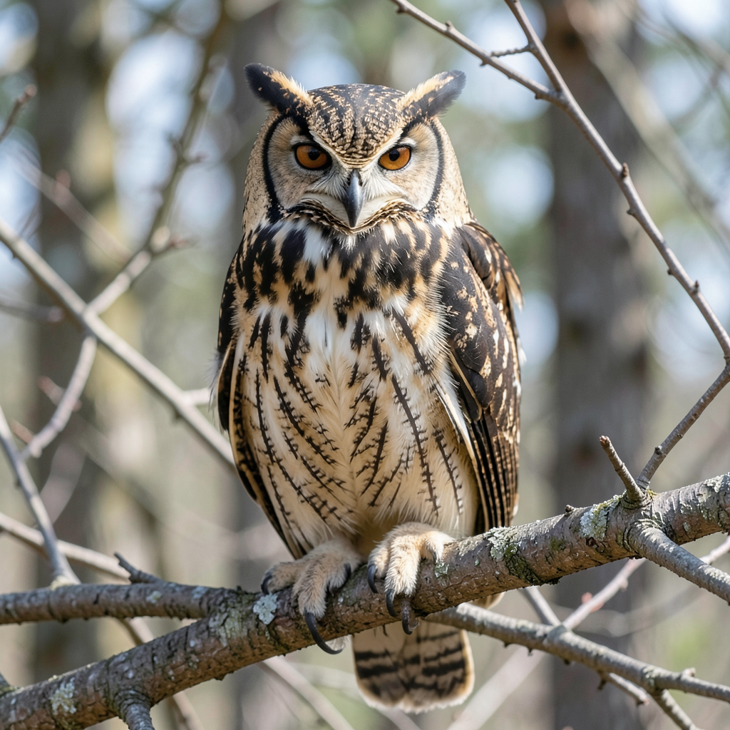 owl perched on a bare branch intense gaze forest background out of focus natural daylight wildlife photography style detailed feather texture sharp focus
