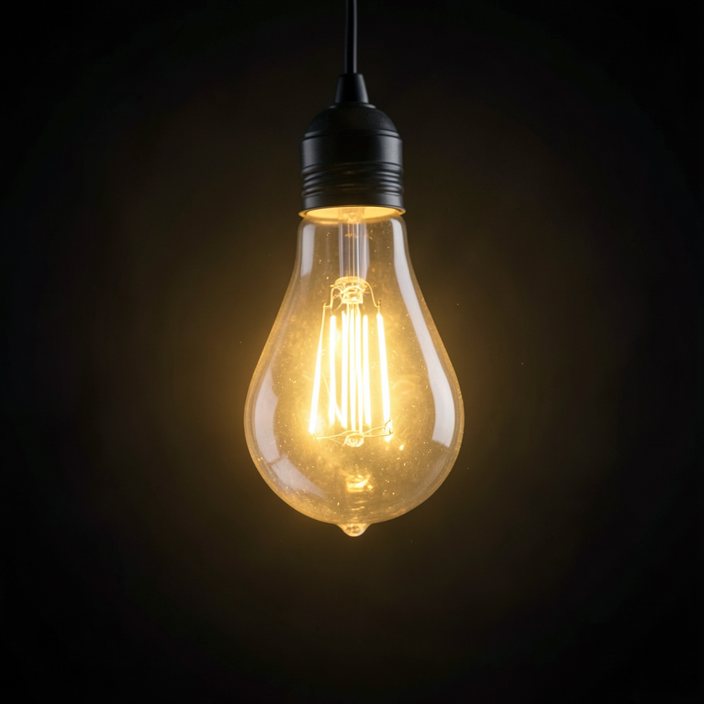 a glowing lightbulb suspended in mid-air warm yellow glow dark background soft focus cinematic lighting high resolution