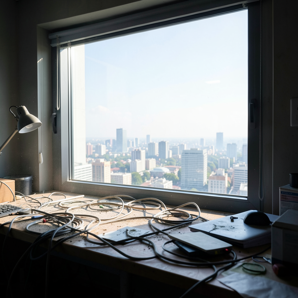 a large modern window frame revealing a vibrant sunlit cityscape outside while the interior remains a cluttered desk covered in tangled cables and dust forced perspective composition bright natur