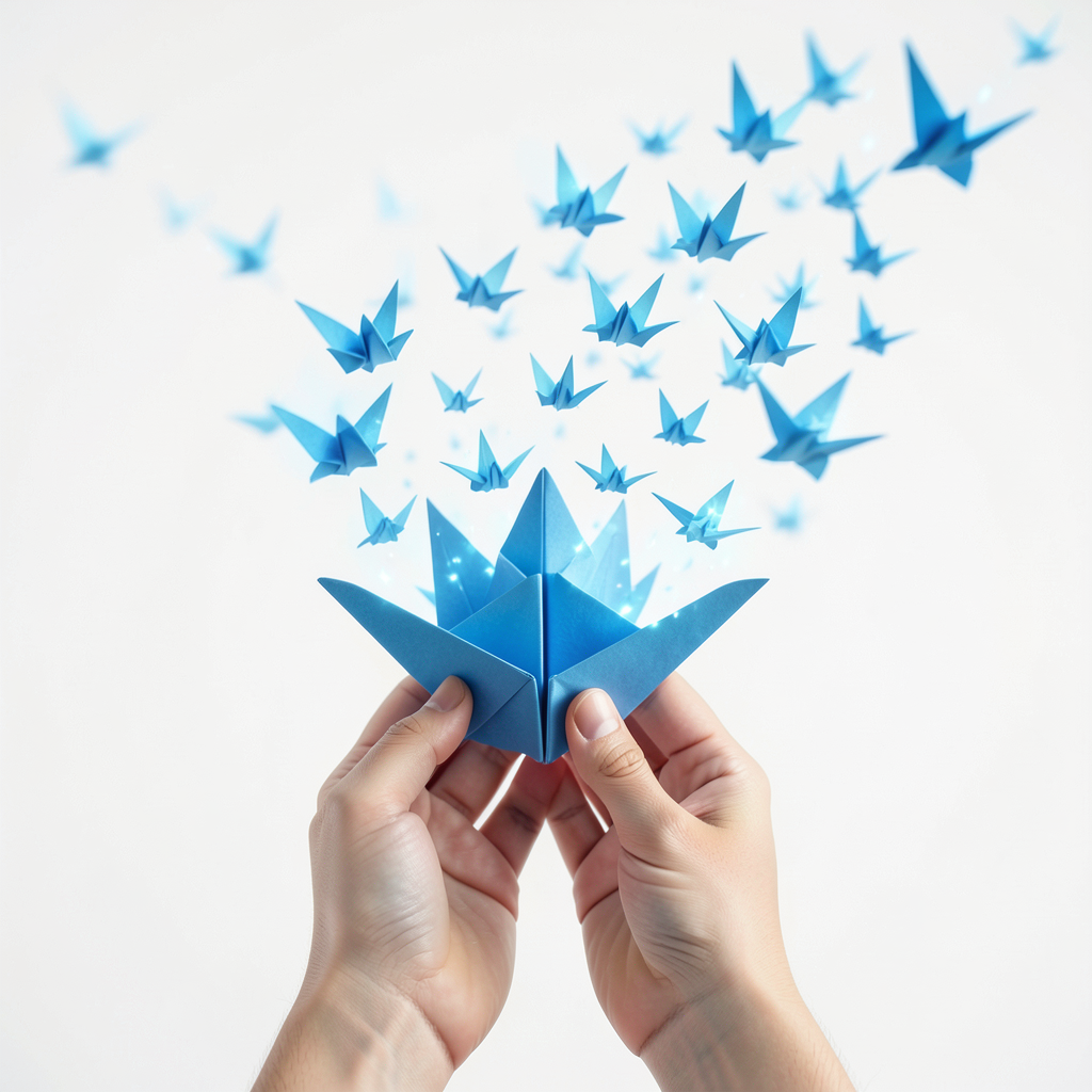 a pair of hands releasing a folded paper crane that instantly unfolds and transforms into a flock of glowing blue origami birds flying upward surreal digital art soft ambient lighting white backgro