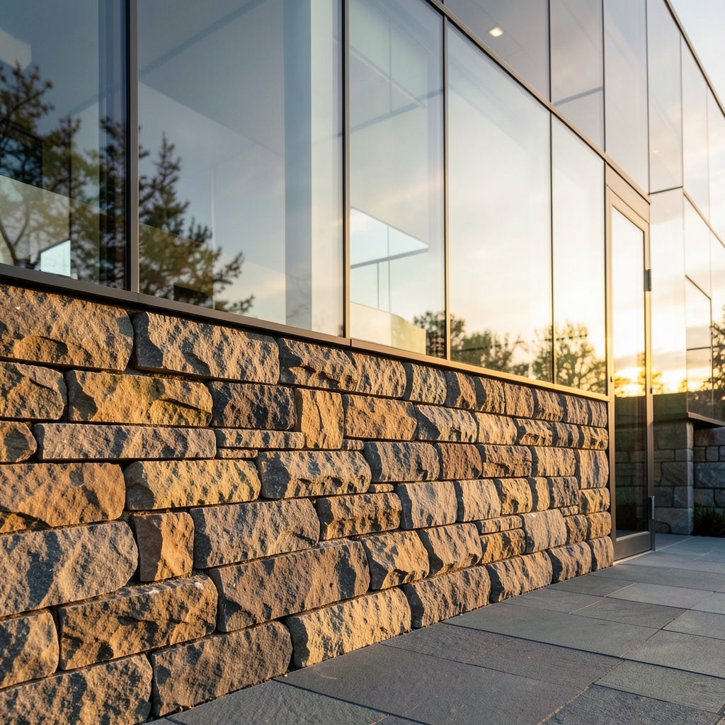 a rugged stone foundation seamlessly transitioning into a polished glass structure architectural photography style golden hour lighting sharp focus high resolution no text