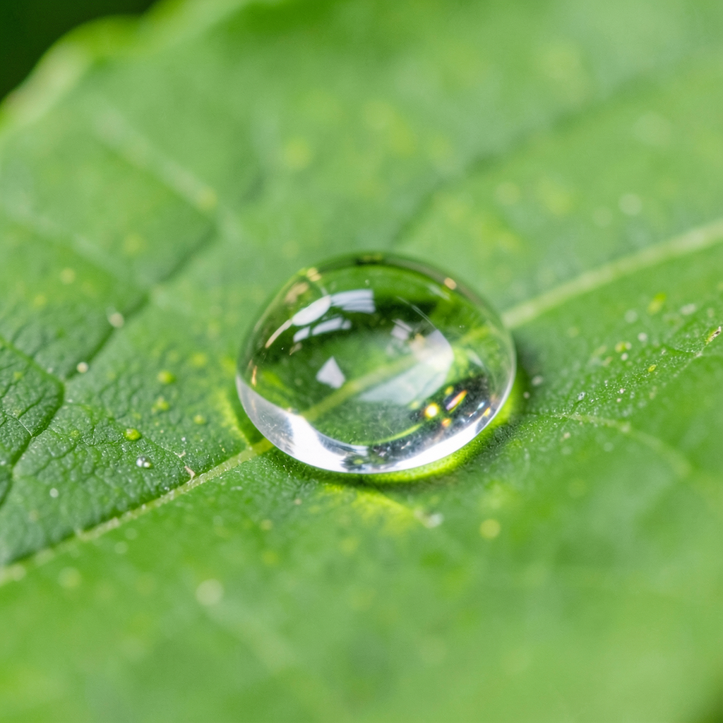 a single crystal-clear water droplet resting on a green leaf macro photography soft natural lighting vibrant greens and clear water sharp focus high resolution