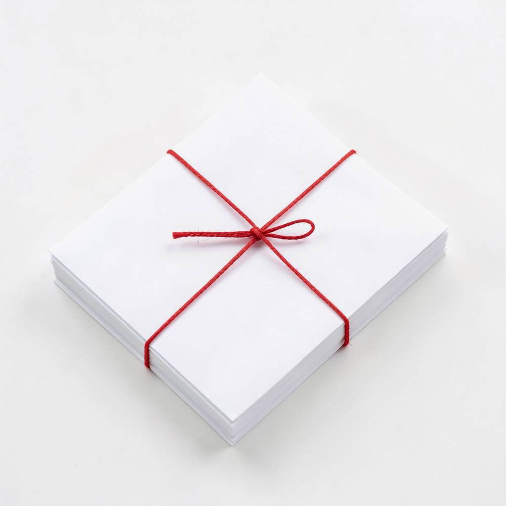 a stack of pristine white envelopes sealed with red tape flat lay composition bright studio lighting clean background product photography style high resolution
