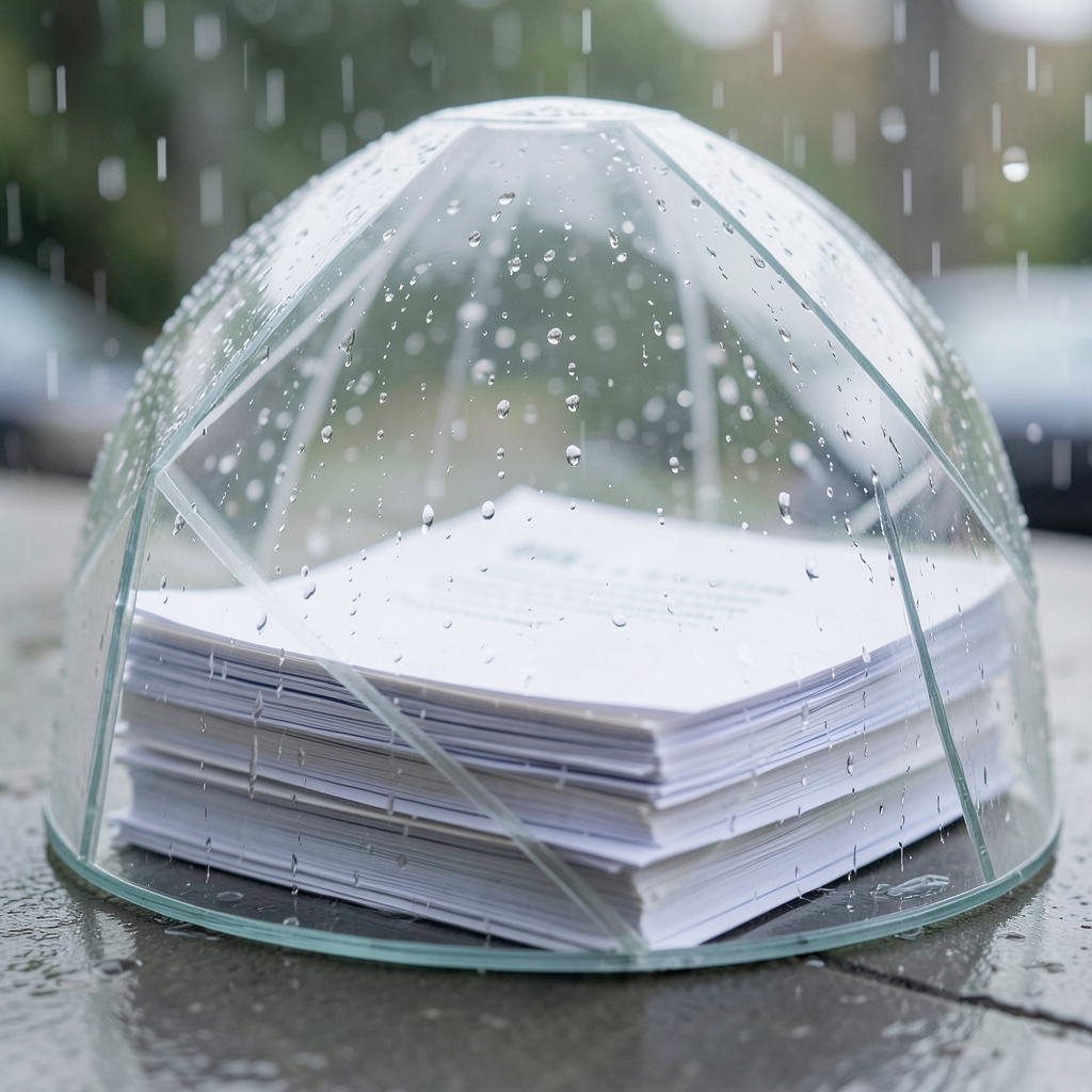 a transparent geometric dome protecting a stack of pristine documents from falling raindrops macro photography soft diffused lighting clean aesthetic high resolution no text